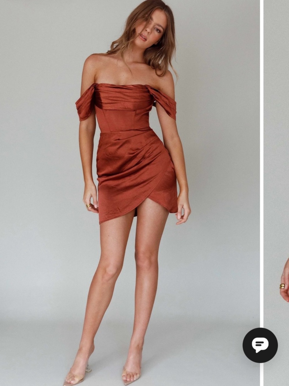 Selfie Leslie Rust Off-Shoulder Satin Mini Dress